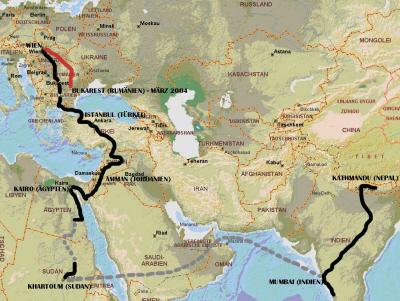 1. und 2. Etappe: Europa/Mittlerer Osten und Indien/Nepal