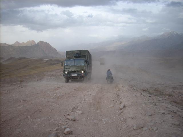 Bine surving dust and terrible road to Irkesham Pass (KS, September 2008) 
